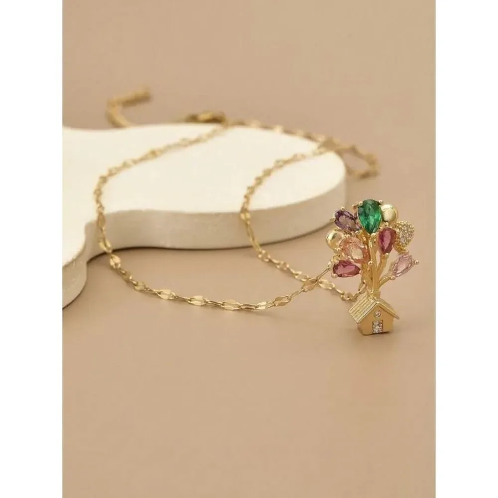 Gold-Plated Multicolor Gem Tree House Pendant Necklace R 592